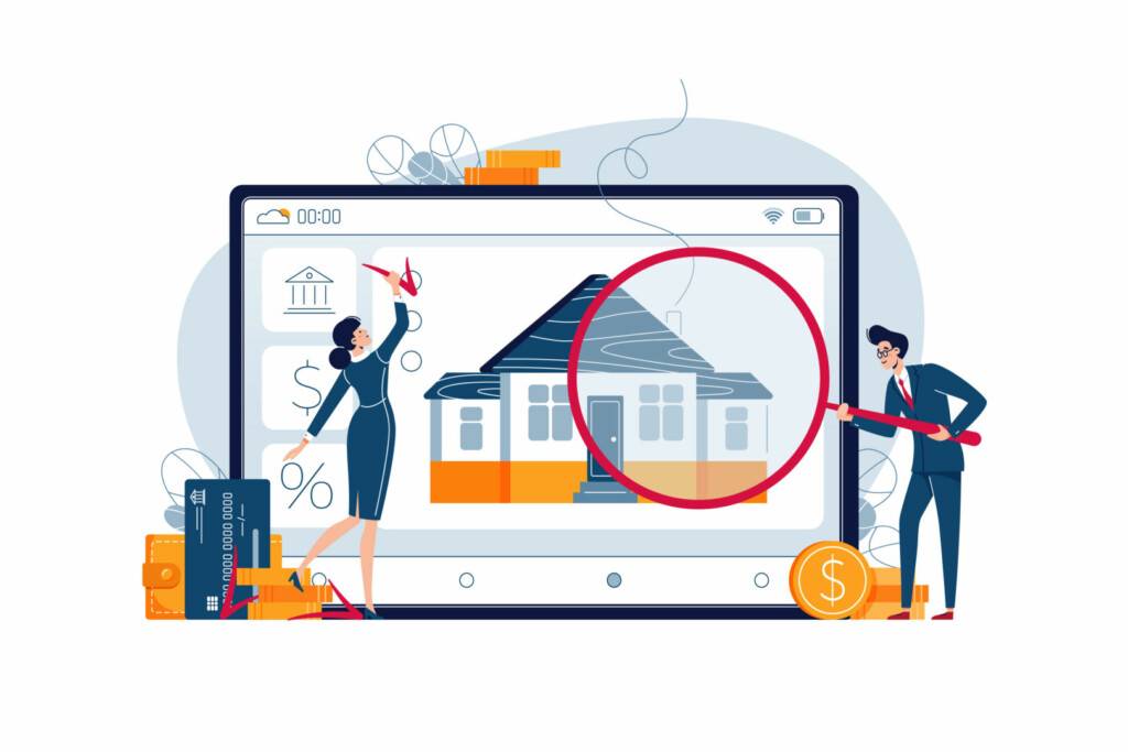 photo : Home appraisal concept. Real estate appraisers are doing property inspection of the house. Real estate assessment, valuation, fixing of value for banner, web, emailing. Flat design vector illustration