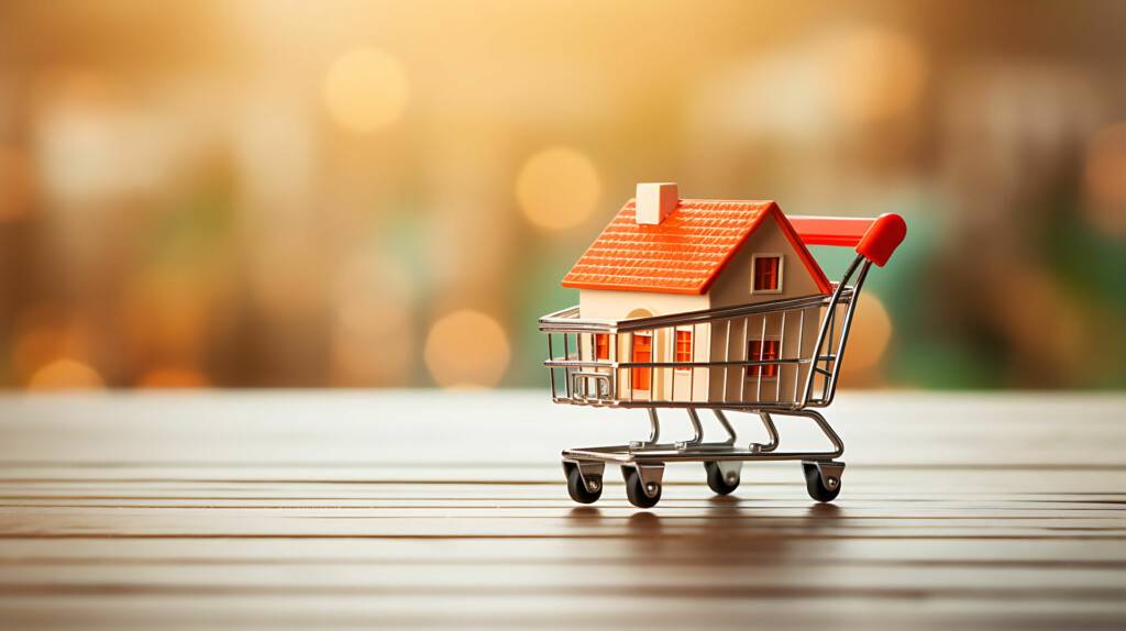 photo : Tiny house in shopping cart background with copy space