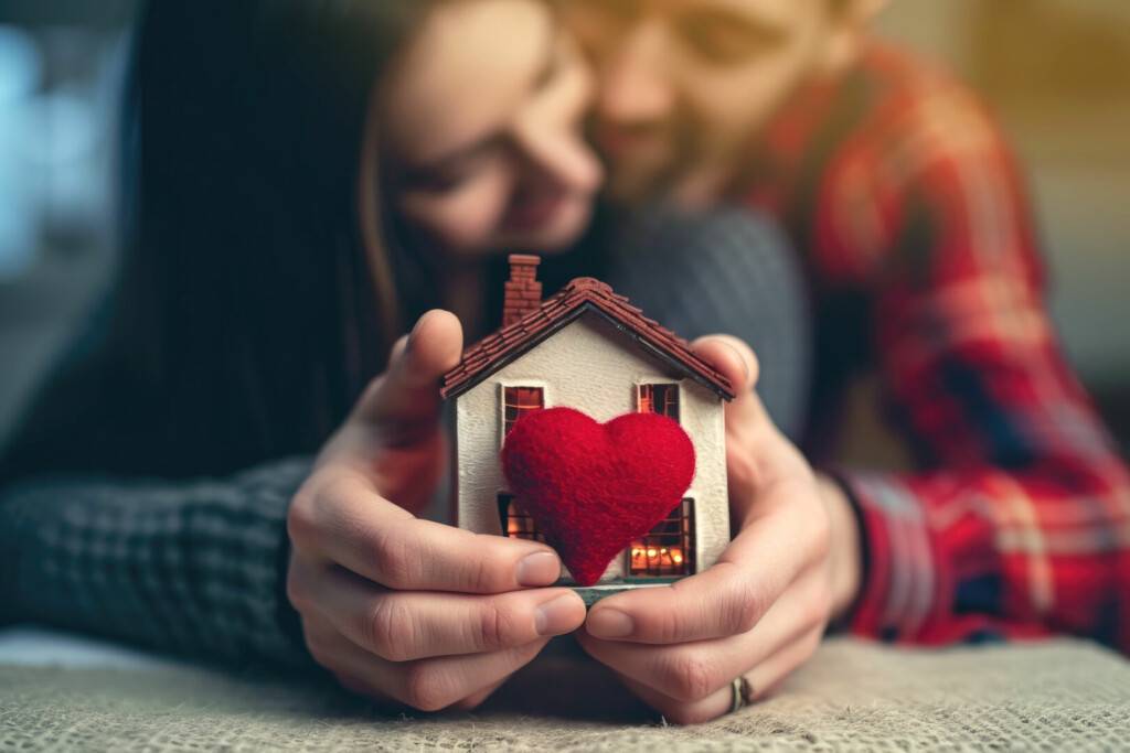 photo : Couple in love hugging and holding a miniature house with a red heart in their hands. House of lovers. Affordable housing for young families. Accommodation for lovers of couples. Valentine's day house