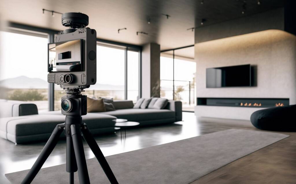 photo : caméra 360 degrés posé sur un trépied, dans un salon moderne pour création d'une visite virtuelle - illustration ia