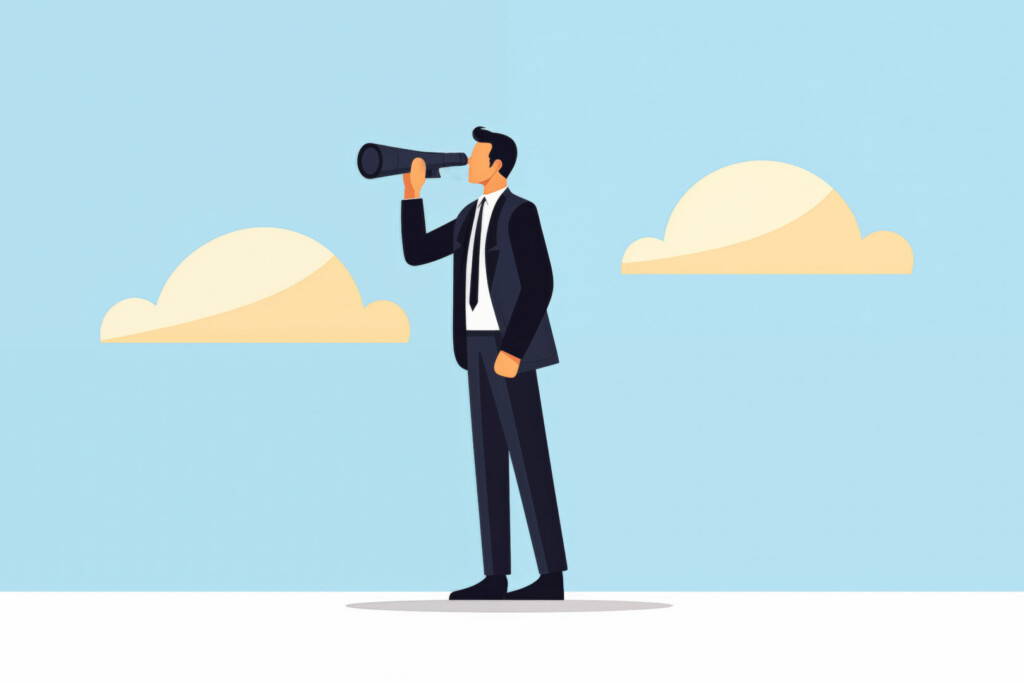 photo : Business graphic vector modern style illustration of a business person with a telescope looking glass binoculars looking for direction searching for employee recruitment new role or career path