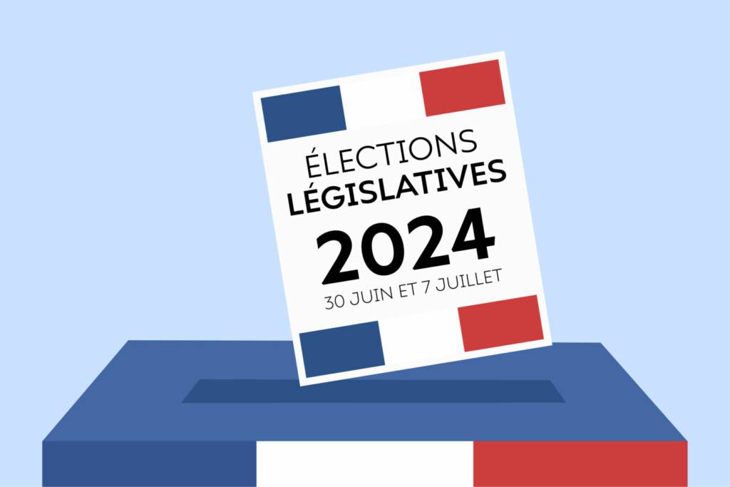 photo : Élections législatives 2024 30 juin et 7 juillet, legislative elections 2024 June 30 and July 7 in French. Voting paper going into the box, French flag.
