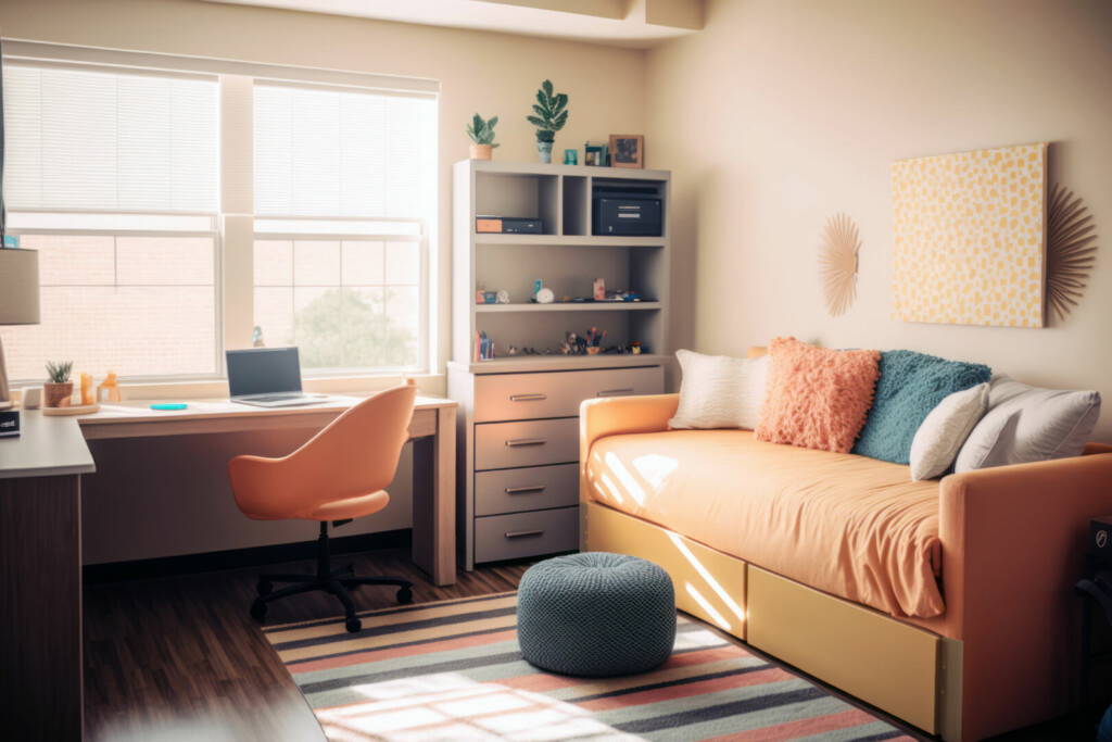 photo : Modern student bedroom interior. Office desk for study and bed. Generative AI