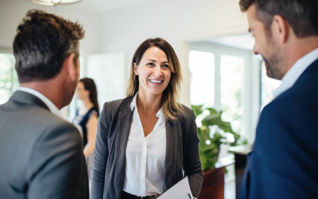 photo : Real estate agent discussing property details with prospective buyers