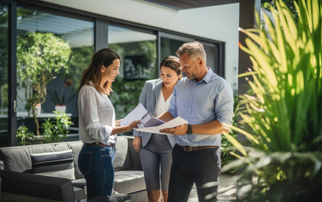 photo : Real estate agent discussing property details with prospective buyers