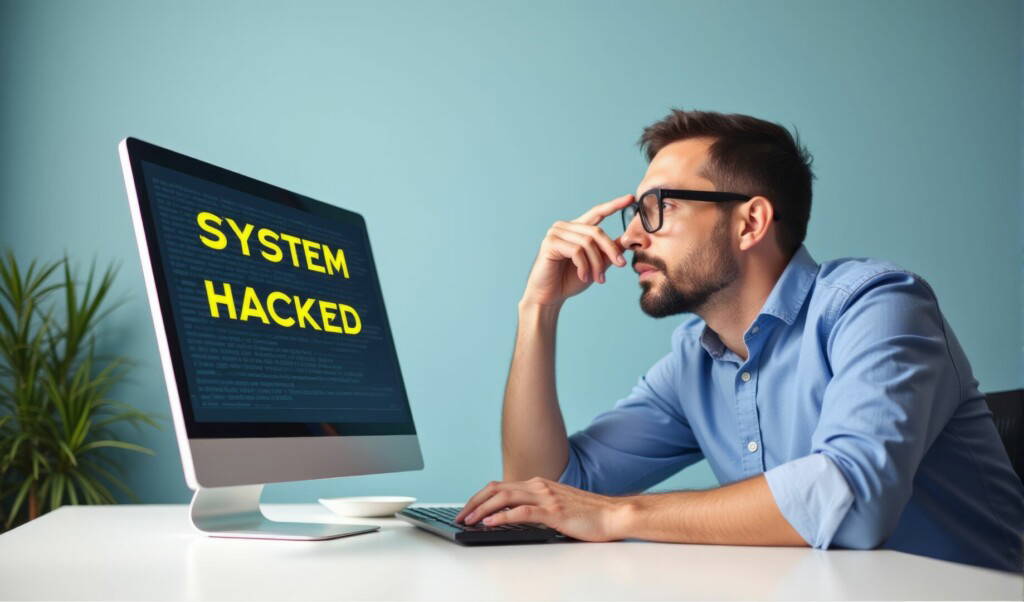 photo : man with glasses looking at computer screen with system hacked text. Generative AI