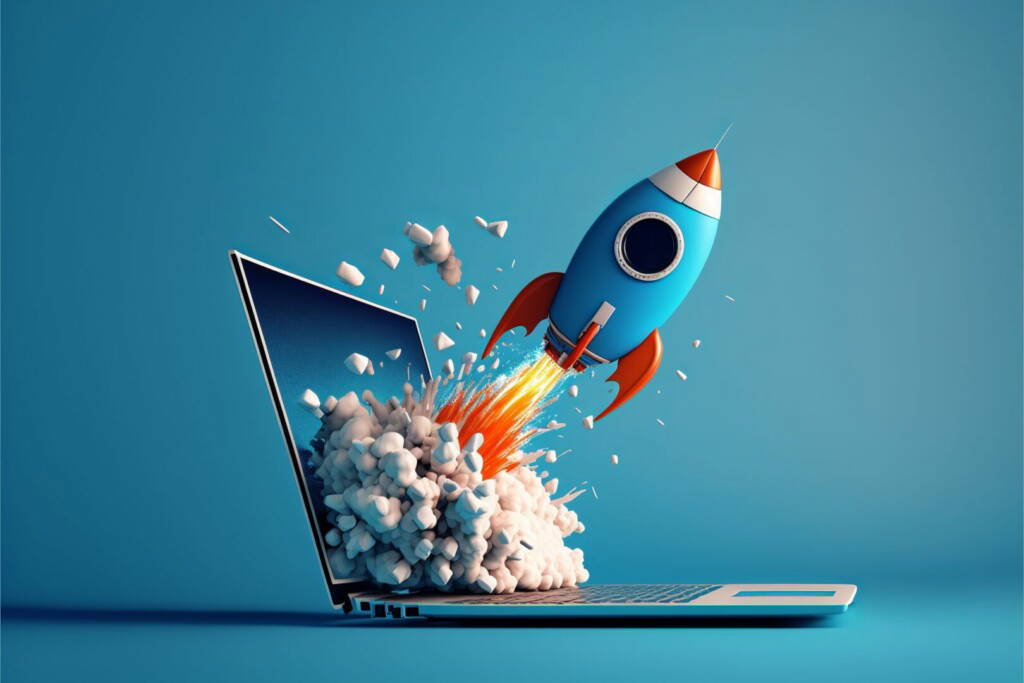 photo : Rocket coming out of laptop screen, blue background. AI digital illustration