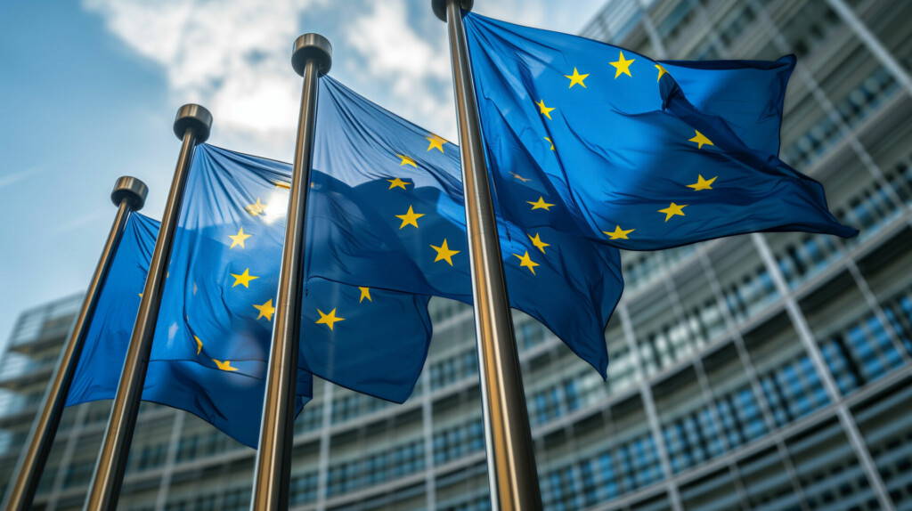 photo : European flags in front of the Berlaymont building, headquarters of the European Commission in Brussels, Belgium