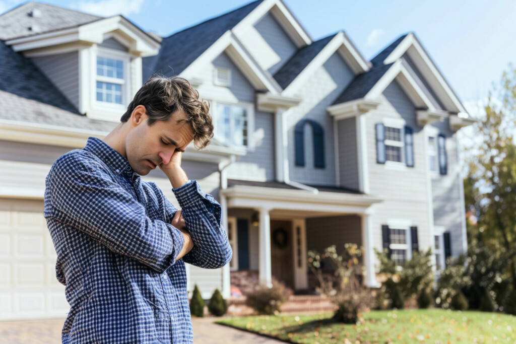 photo : A sad man standing in front of a large, well-maintained house