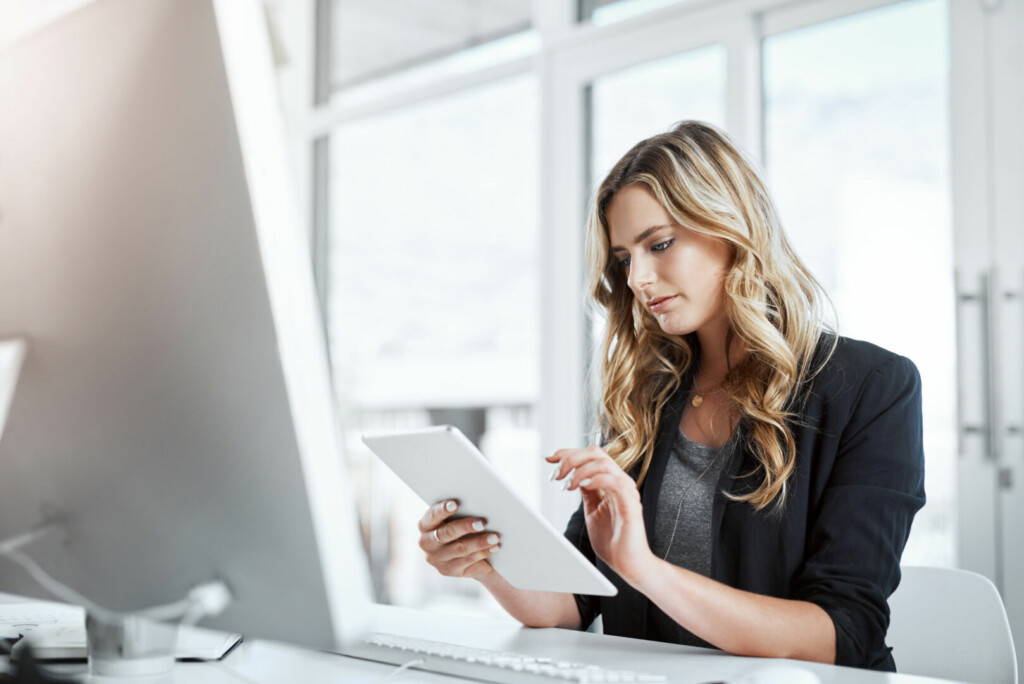 photo : Lawyer, woman and tablet with report, legal documents and keyboard with contract for deal agreement. Person, technology and computer for thinking, law firm and planning with website and case email