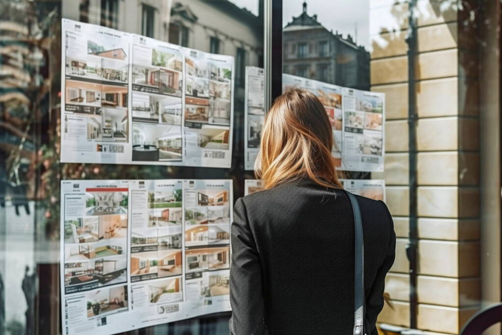 photo : Vue de dos d'une femme observant des annonces immobilières dans la rue » IA générative