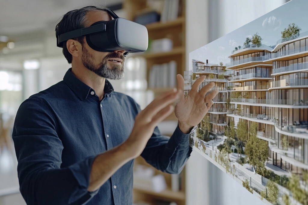 photo : Virtual Reality Architecture:  A man wearing a VR headset interacts with a 3D model of a modern building, exploring its design and features in an immersive experience. This image represents the future