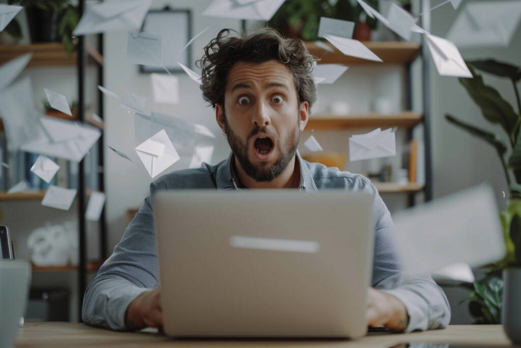 photo : A man at his desk is shocked by the influx of emails on his laptop