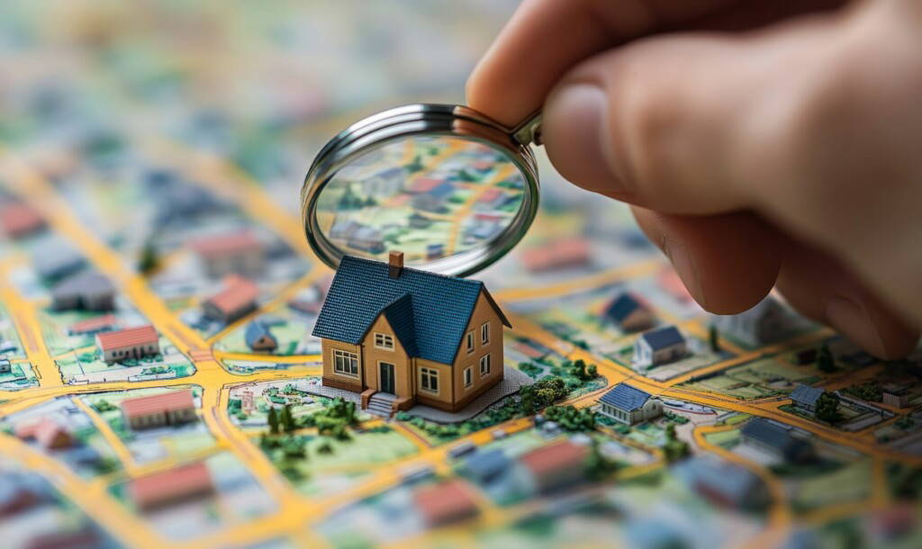 photo : Real estate search concept with a person looking for a new house on a map, symbolizing market research and analysis, Generative AI