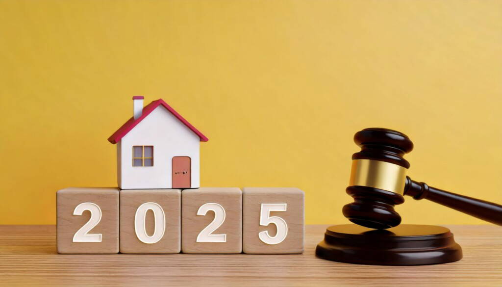 photo : A miniature house model, a gavel, and the year 2025 depicted, suggesting themes of real estate, law, and future trends.