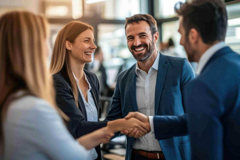 photo : Business professionals meet for the first time at a conference, exchanging smiles and handshakes as they introduce themselves. The environment is welcoming and conducive to networking.