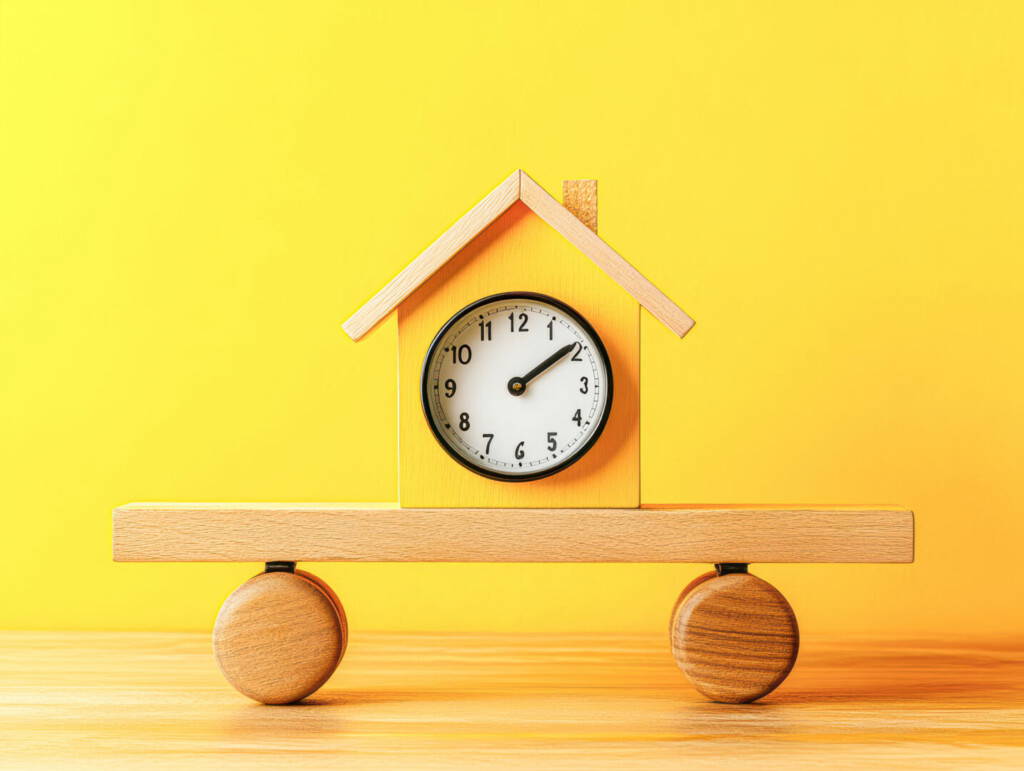 photo : A wooden house with a clock on top of it