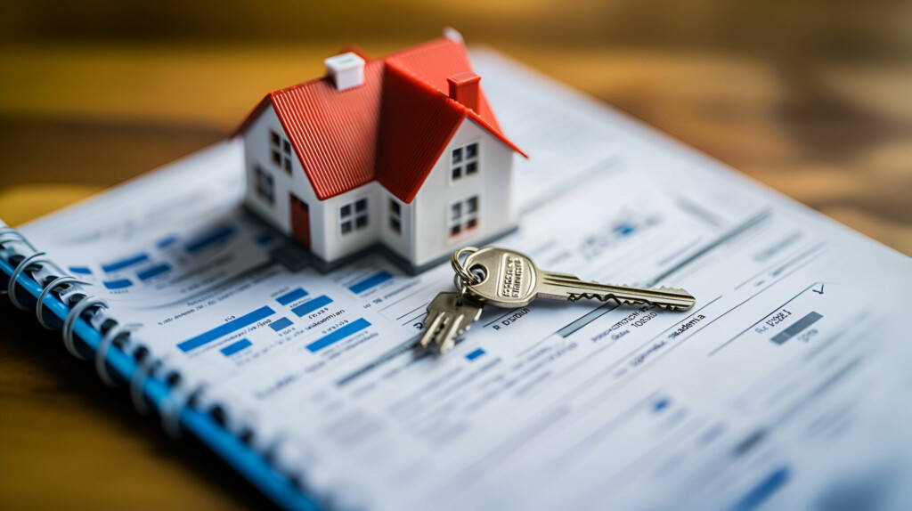 photo : House Key on a Real Estate Contract: An image featuring a house key placed on top of a real estate contract or agreement, symbolizing the finalization of a property transaction, Ai