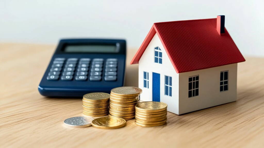 photo : A calculator, a miniature house, and stacks of coins symbolize the financial planning, budgeting, and savings required for homeownership.