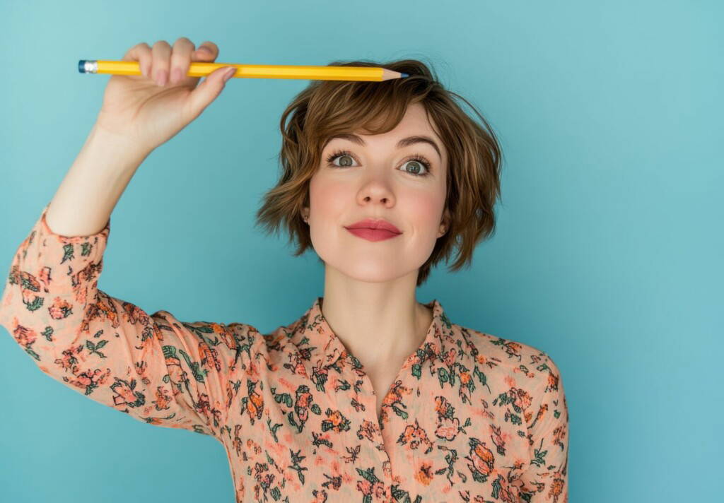 photo : Portrait of a happy young woman holding a pencil and thinking over a blue background