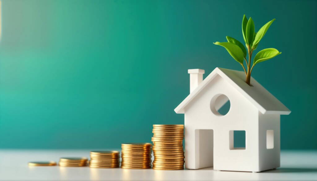 photo : Model house with growing plant, stacks of coins. Real estate investment, financial growth concept. Green plant on house top successful, eco-friendly investment. Coins symbolize investment capital