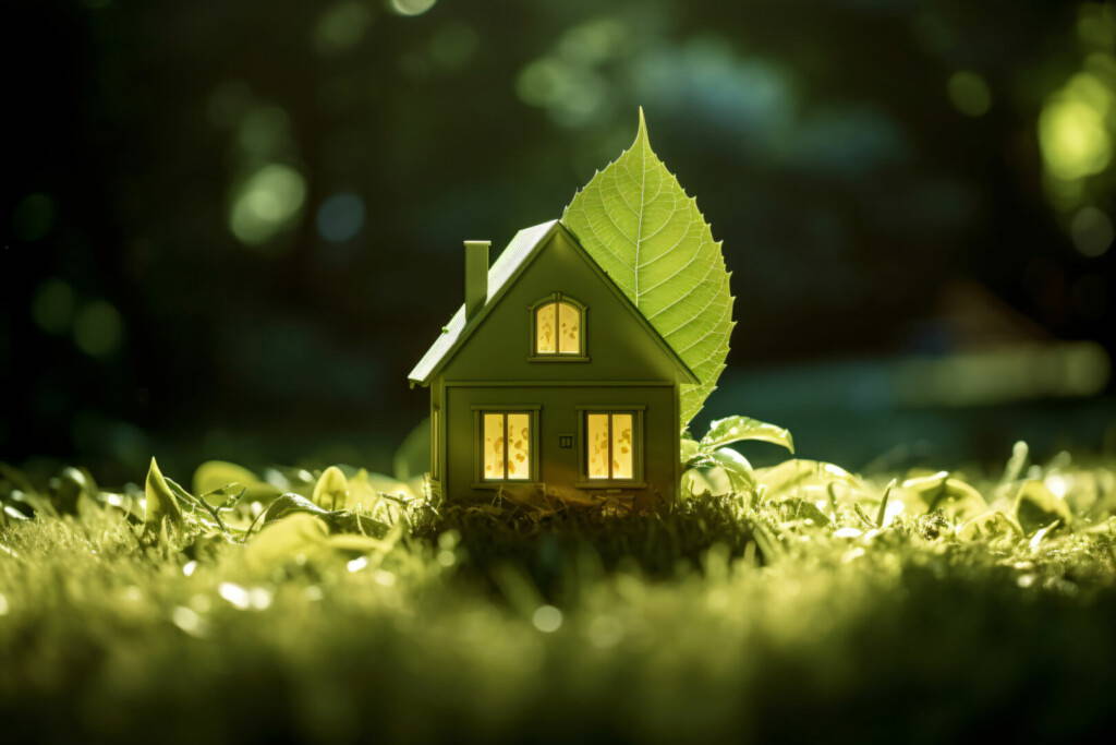 photo : miniature house on lawn, a green leaf around it