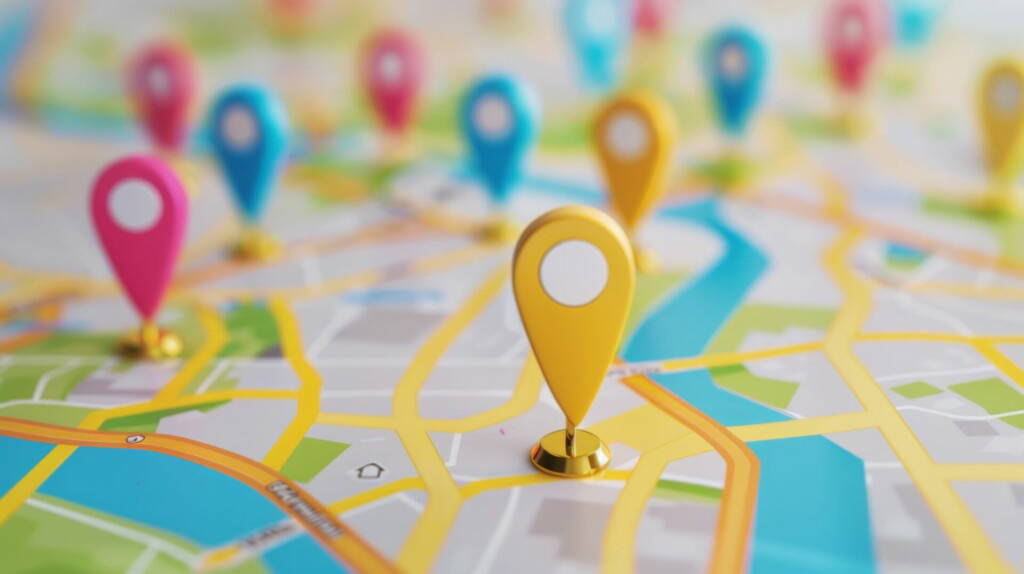 photo : A close-up view of a city map with several colorful location pins, highlighting important points of interest