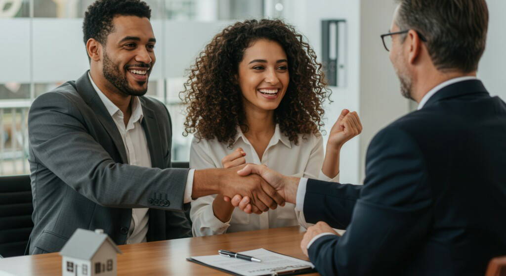 photo : Couple handshake mortgage officer worker, accept bank loan terms and rates feel satisfied. Make financial deal, take credit, buying insurance cover, receive professional consult, sign contract concept