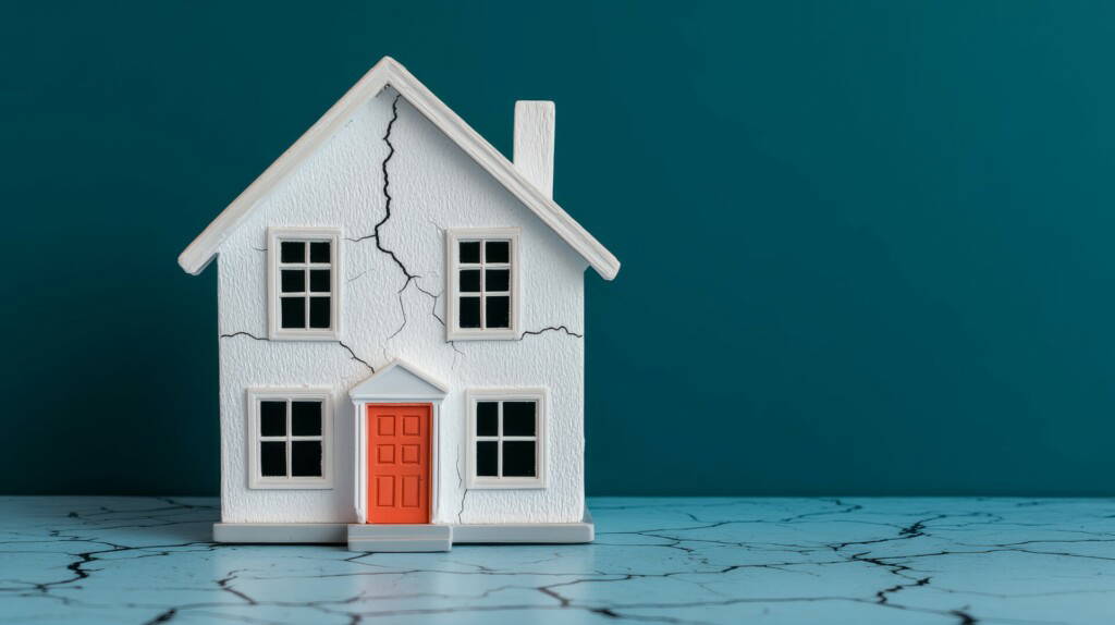 photo : Miniature house with cracks on blue surface representing structural damage