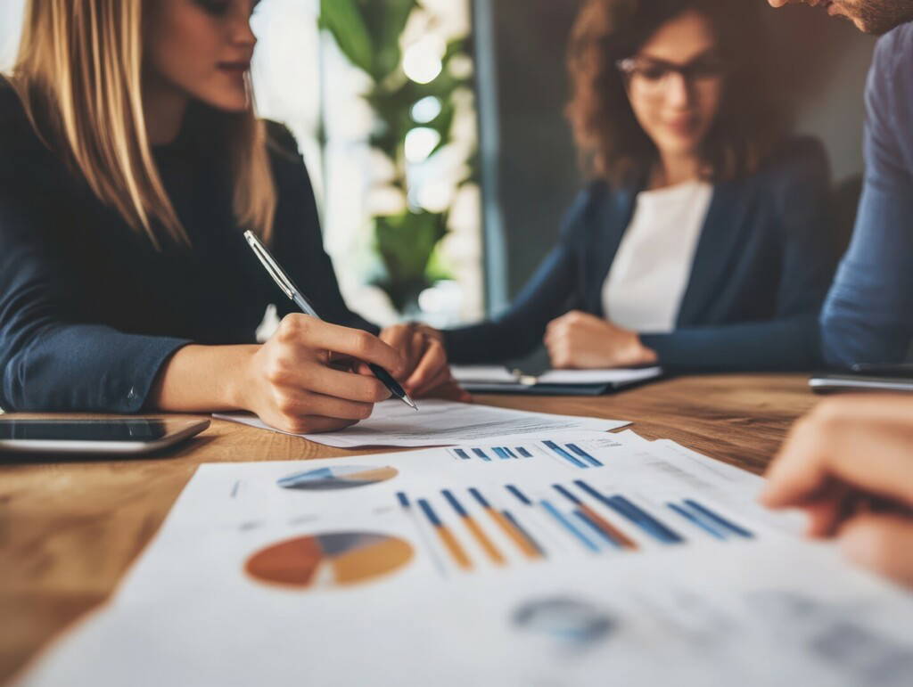 photo : Female broker reviewing real estate loan papers with a young couple, equity graphs visible on the table, modern financial office setting