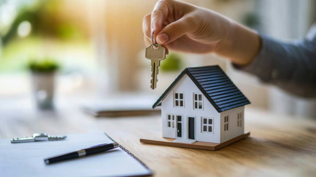 photo : Hand holds house key above miniature model home on desk, symbolizing property ownership, real estate investment, or home buying process for first-time buyers.