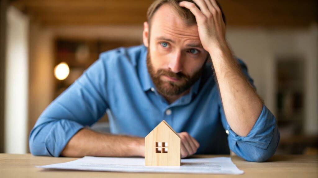 photo : Unemployment drives economic risk and stock market concept. A man looks stressed while examining documents and a miniature house model.